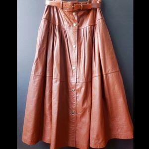 Vintage Brown Leather Long Skirt w/ Pockets